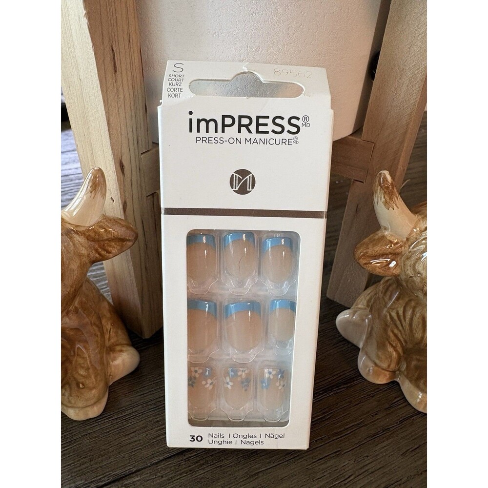 imPRESS Press-On Nails Short Square Nude/Blue French Floral Self-Adhesive IFM01 - Picture 1 of 6